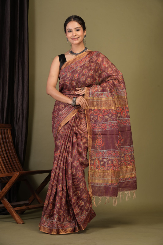 Bhagalpuri Cotton Silk Maroon Hand Block Ethnic Saree With Blouse