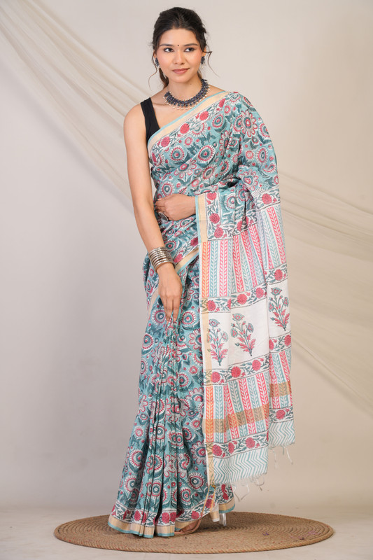 Bhagalpuri Cotton Silk Turquoise Pigment (Hand Block) Ethnic Saree With Blouse
