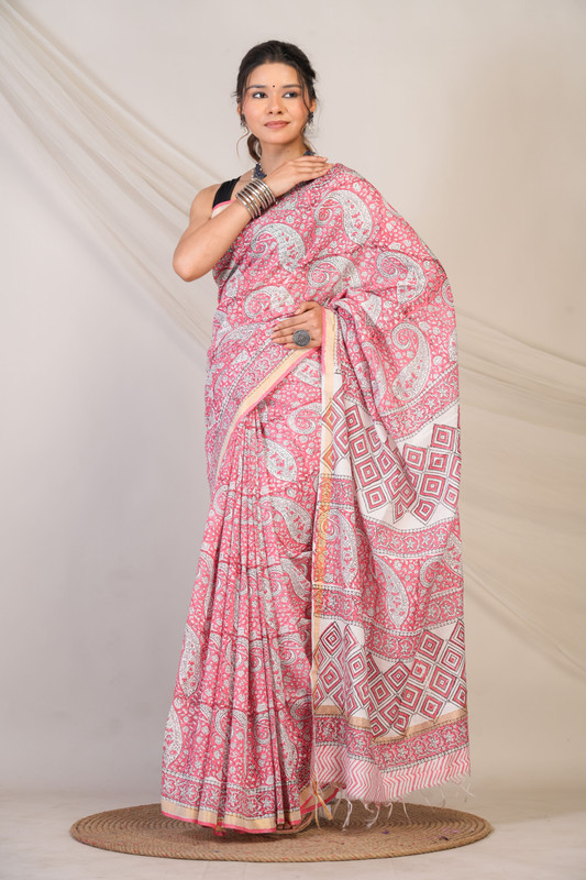 Bhagalpuri Cotton Silk Pink Pigment (Hand Block) Ethnic Saree With Blouse