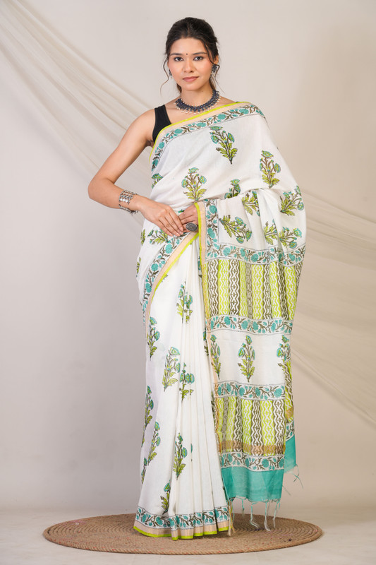 Bhagalpuri Cotton Silk White Pigment (Hand Block) Ethnic Saree With Blouse