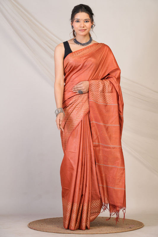 Bhagalpuri Cotton Silk Rust Solid Ethnic Saree With Blouse