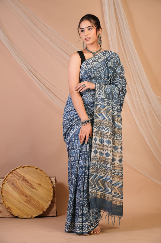 Bhagalpuri Cotton Silk Grey Dabu Print (Hand Block) Ethnic Saree With Blouse