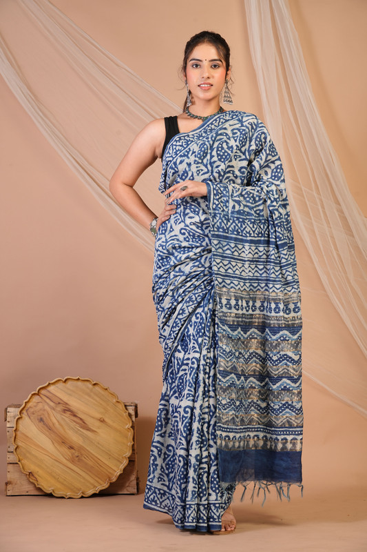 Bhagalpuri Cotton Silk Blue Dabu Print (Hand Block) Ethnic Saree With Blouse