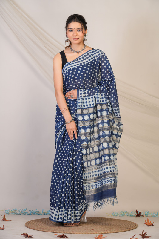 Bhagalpuri Cotton Silk Blue Dabu Print (Hand Block) Ethnic Saree With Blouse