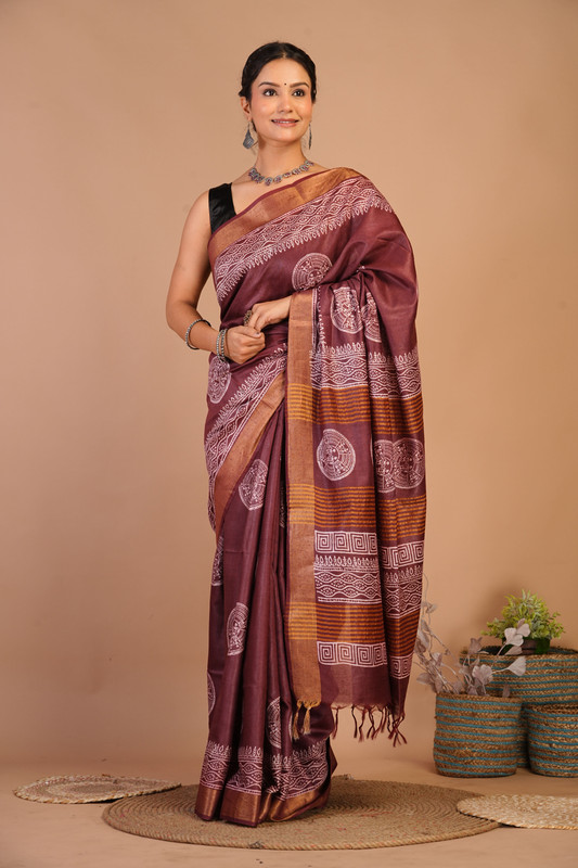 Bhagalpuri Jay Shree Cotton Fine Brown Bhagalpuri (Hand Block) Ethnic Saree With Blouse