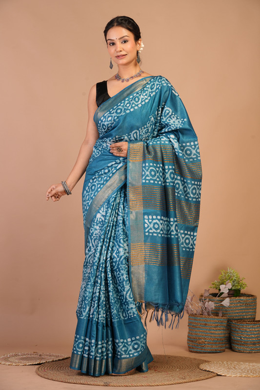 Bhagalpuri Jay Shree Cotton Fine Turquoise Bhagalpuri (Batik Print) Ethnic Saree With Blouse