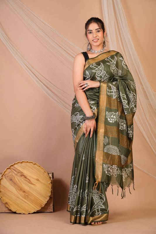 Bhagalpuri Jay Shree Cotton Fine Olive Green Bhagalpuri (Hand Block) Ethnic Saree With Blouse