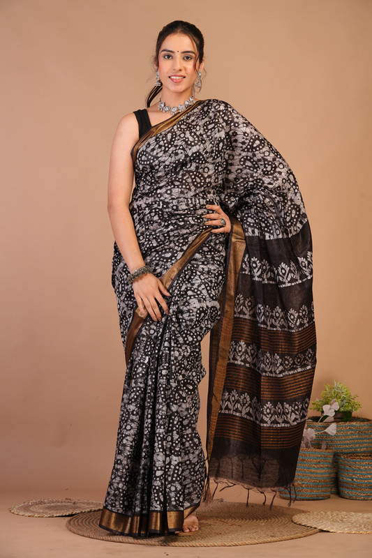 Bhagalpuri Jay Shree Cotton Fine Cofee Brown Bhagalpuri (Batik Print) Ethnic Saree With Blouse