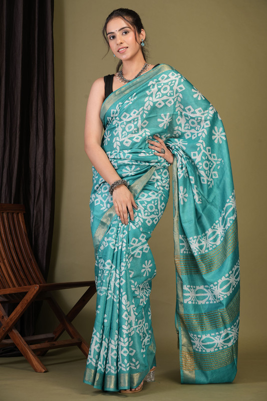 Bhagalpuri Jay Shree Cotton Fine Aqua Green Bhagalpuri (Batik Print) Ethnic Saree With Blouse