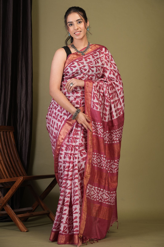 Bhagalpuri Jay Shree Cotton Fine Dark Pink Bhagalpuri (Batik Print) Ethnic Saree With Blouse