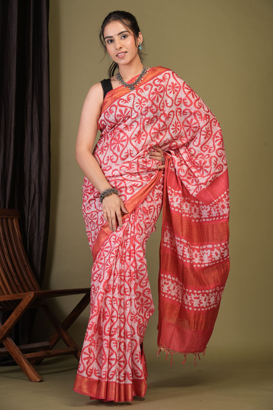 Bhagalpuri Jay Shree Cotton Fine Red Bhagalpuri (Batik Print) Ethnic Saree With Blouse