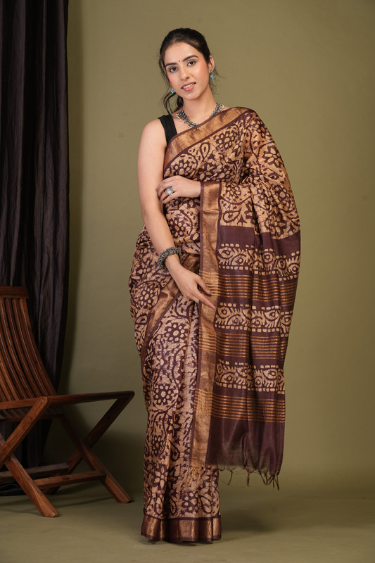 Bhagalpuri Jay Shree Cotton Fine Brown Bhagalpuri (Batik Print) Ethnic Saree With Blouse