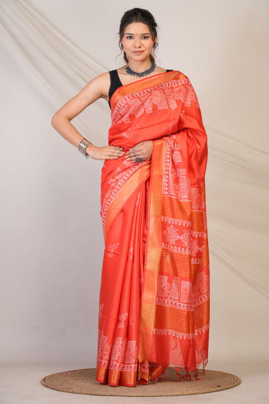 Bhagalpuri Jay Shree Cotton Fine Orange Bhagalpuri (Hand Block) Ethnic Saree With Blouse