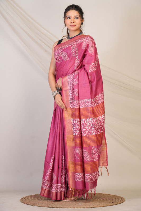 Bhagalpuri Jay Shree Cotton Fine Pink Bhagalpuri (Hand Block) Ethnic Saree With Blouse