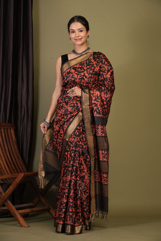 Bhagalpuri Jay Shree Cotton Fine Red Bhagalpuri (Hand Block) Ethnic Saree With Blouse