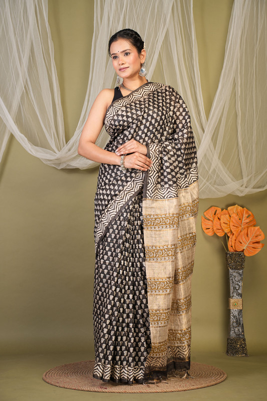 Bhagalpuri Cotton Silk Black Hand Block Ethnic Saree With Blouse