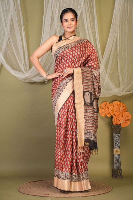 Bhagalpuri Cotton Silk Red Bagru Print (Hand Block) Ethnic Saree With Blouse