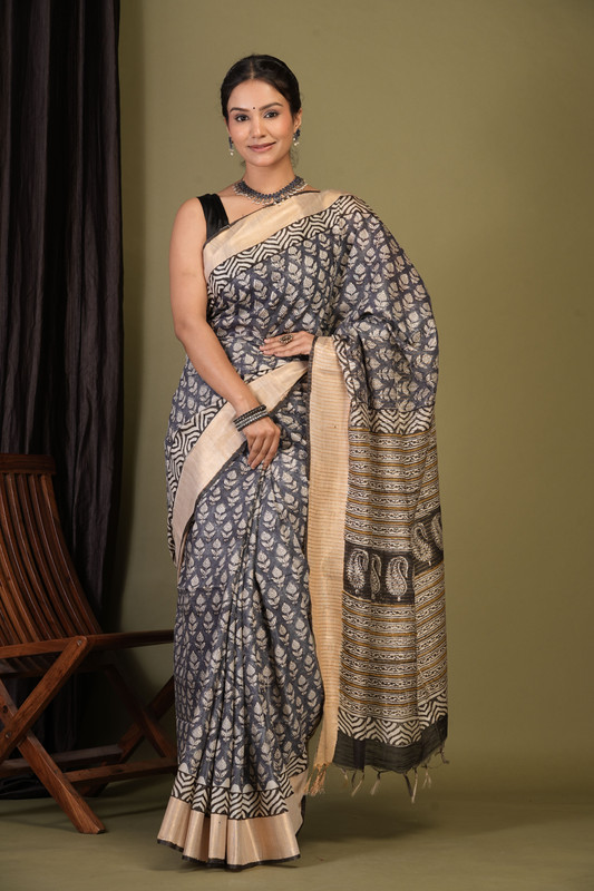Bhagalpuri Cotton Silk Blue Bagru Print (Hand Block) Ethnic Saree With Blouse
