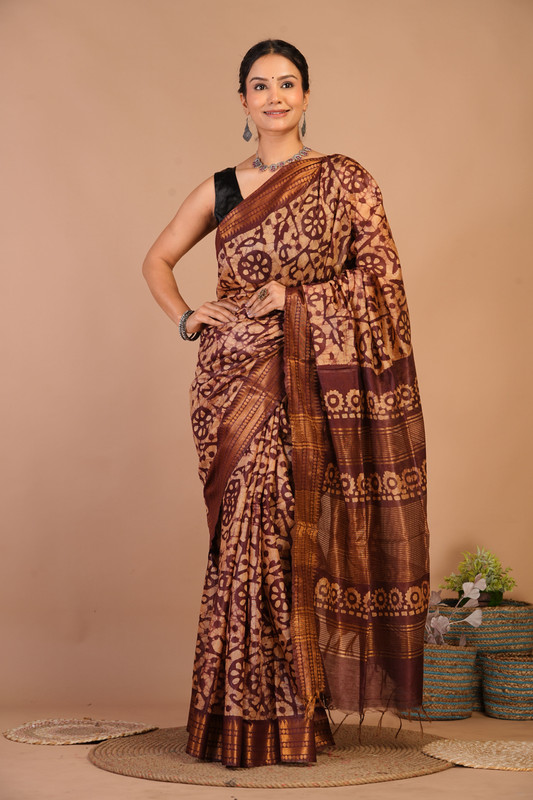 Bhagalpuri Cotton Silk Brown Bhagalpuri (Batik Print) Ethnic Saree With Blouse