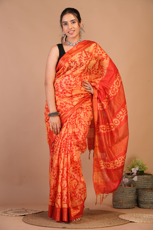 Bhagalpuri Cotton Silk Orange Bhagalpuri (Batik Print) Ethnic Saree With Blouse