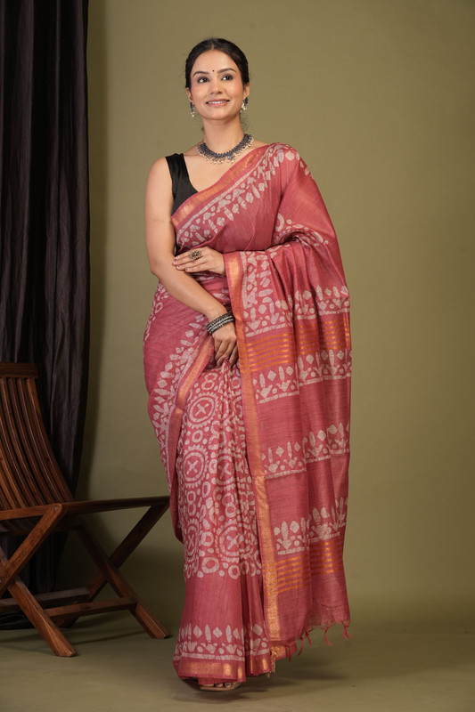 Bhagalpuri Jay Shree Cotton Fine Pink Bhagalpuri (Batik Print) Ethnic Saree With Blouse
