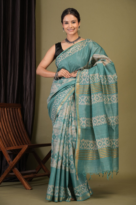 Bhagalpuri Jay Shree Cotton Fine Aqua Green Bhagalpuri (Batik Print) Ethnic Saree With Blouse