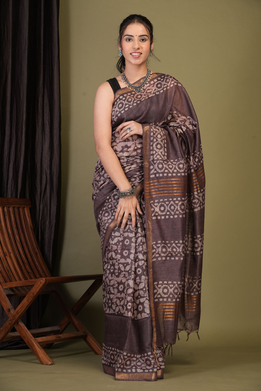 Bhagalpuri Jay Shree Cotton Fine Brown Bhagalpuri (Batik Print) Ethnic Saree With Blouse