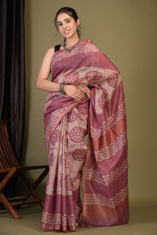 Bhagalpuri Jay Shree Cotton Fine Rouge Pink Bhagalpuri (Batik Print) Ethnic Saree With Blouse
