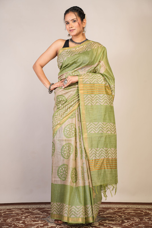 Bhagalpuri Jay Shree Cotton Fine Green Bhagalpuri (Batik Print) Ethnic Saree With Blouse