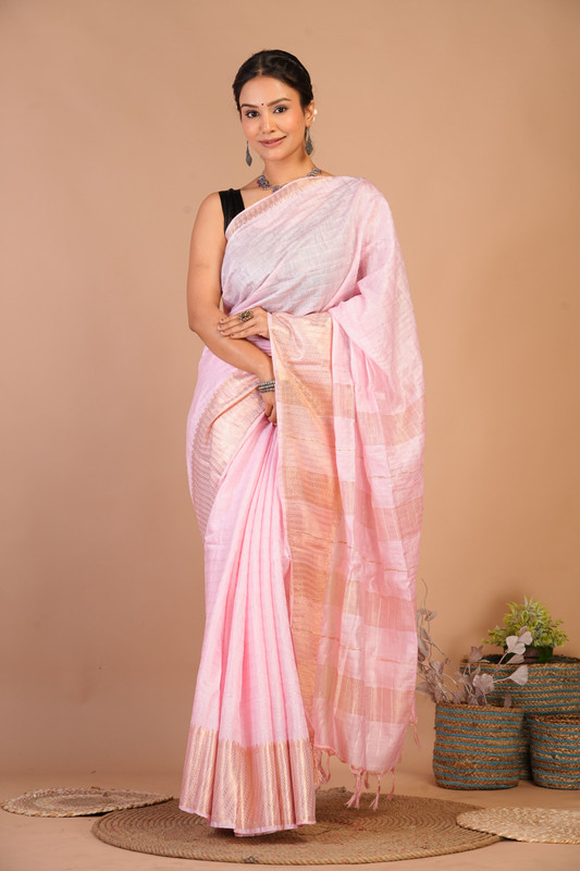 Bhagalpuri Cotton Silk Baby Pink Solid Ethnic Saree With Blouse