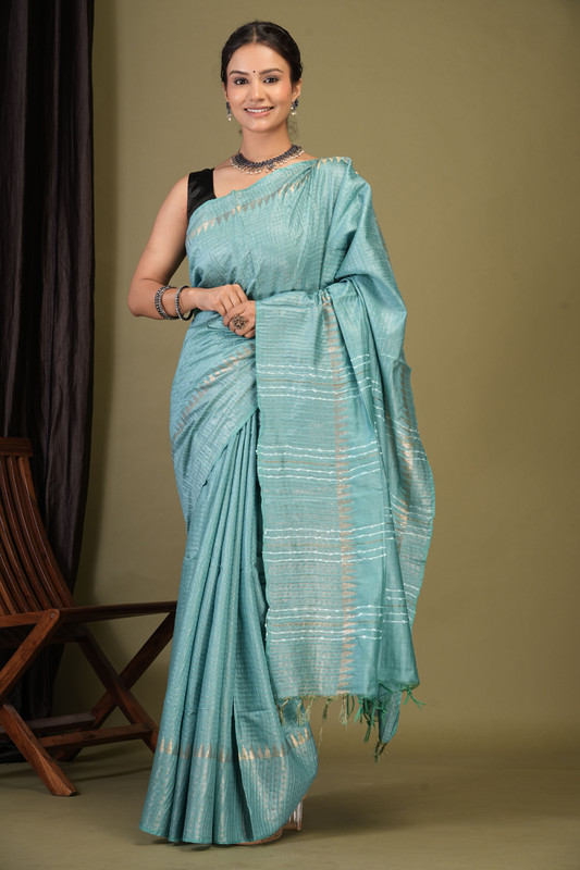 Bhagalpuri Cotton Silk Turquoise Solid Ethnic Saree With Blouse