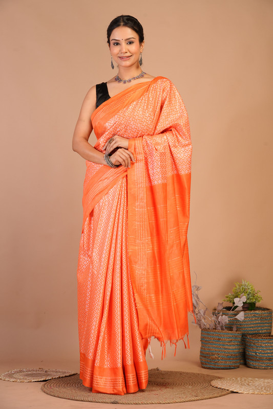 Bhagalpuri Cotton Silk Orange Solid Ethnic Saree With Blouse