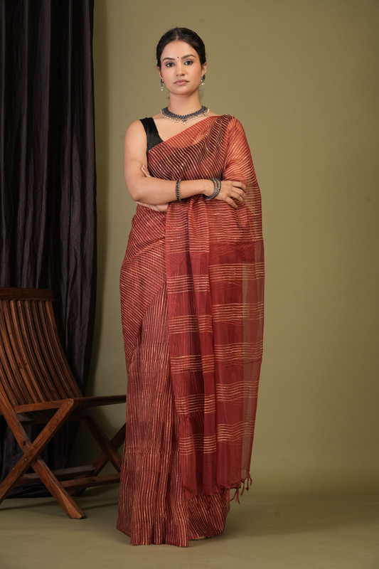 Bhagalpuri Ghicha Cotton Silk Maroon Solid Ethnic Saree With Blouse