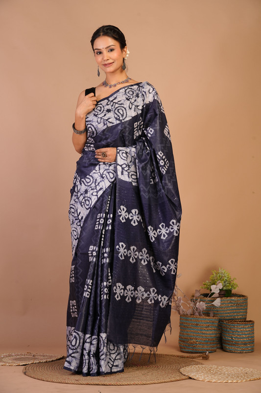 Bhagalpuri Cotton Silk Navy Blue Bhagalpuri (Batik Print) Ethnic Saree With Blouse