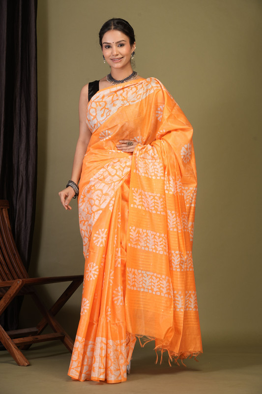 Bhagalpuri Cotton Silk Orange Bhagalpuri (Batik Print) Ethnic Saree With Blouse