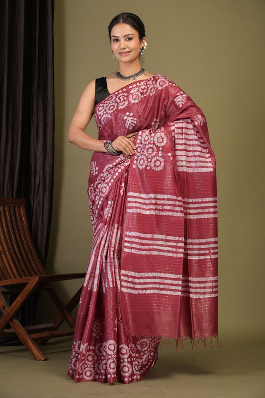 Bhagalpuri Cotton Silk Maroon Bhagalpuri (Batik Print) Ethnic Saree With Blouse