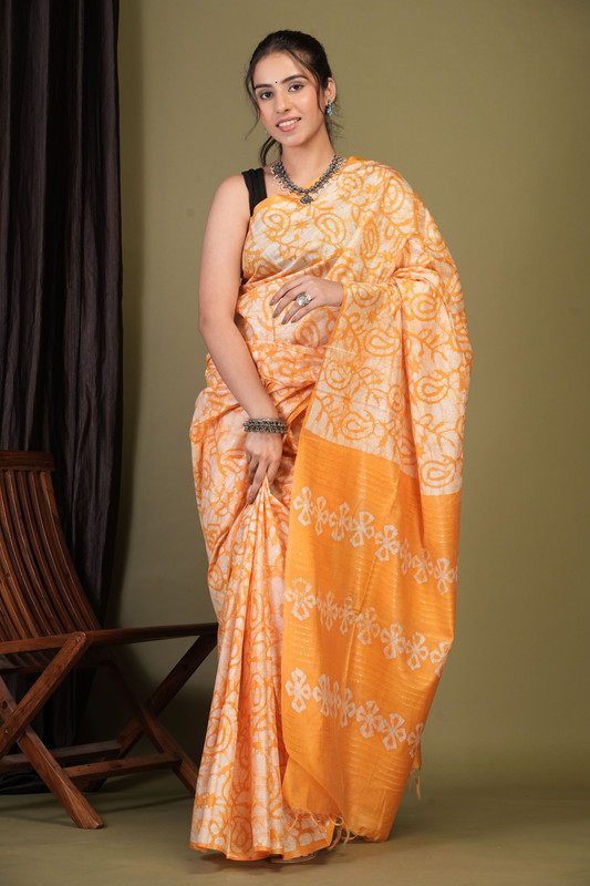 Bhagalpuri Cotton Silk Yellow Bhagalpuri (Batik Print) Ethnic Saree With Blouse