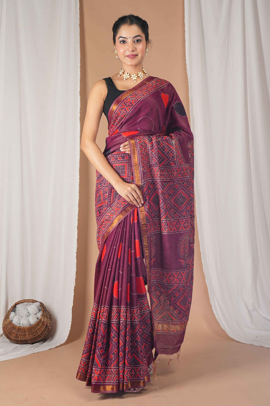 Bhagalpuri Cotton Silk Maroon Hand Block Ethnic Saree With Blouse