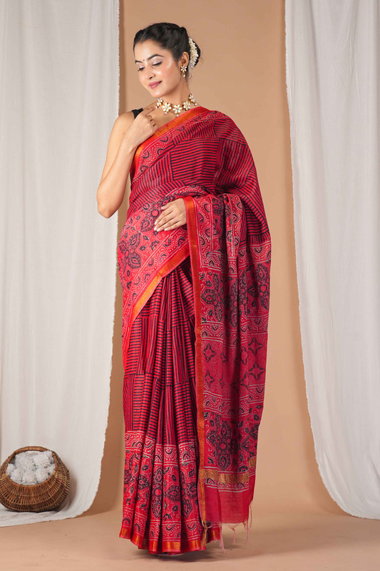 Bhagalpuri Cotton Silk Red Hand Block Ethnic Saree With Blouse