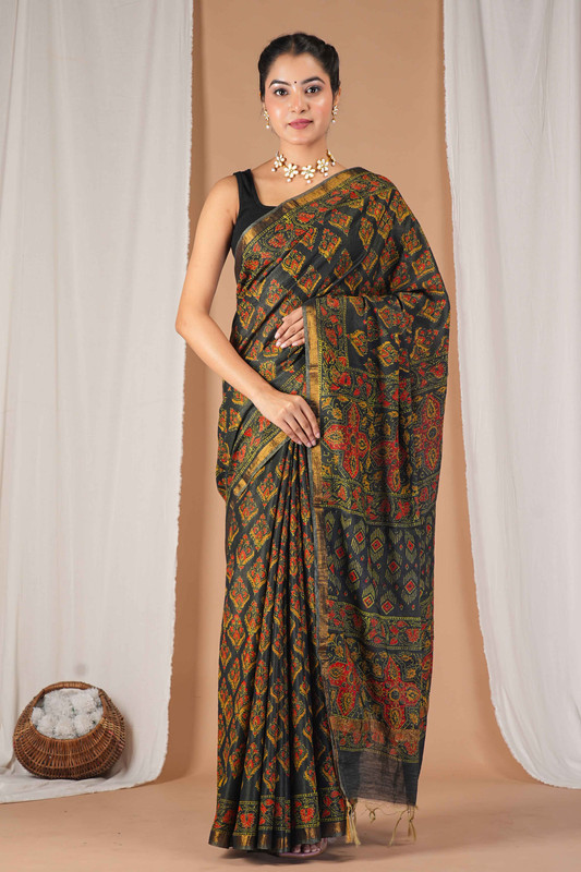 Bhagalpuri Cotton Silk Rama Green Hand Block Ethnic Saree With Blouse