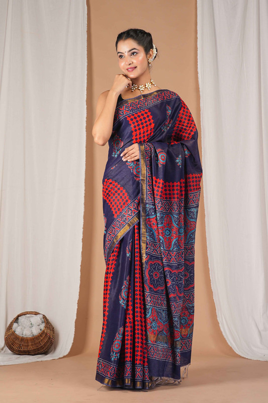 Bhagalpuri Cotton Silk Multicolor Hand Block Ethnic Saree With Blouse
