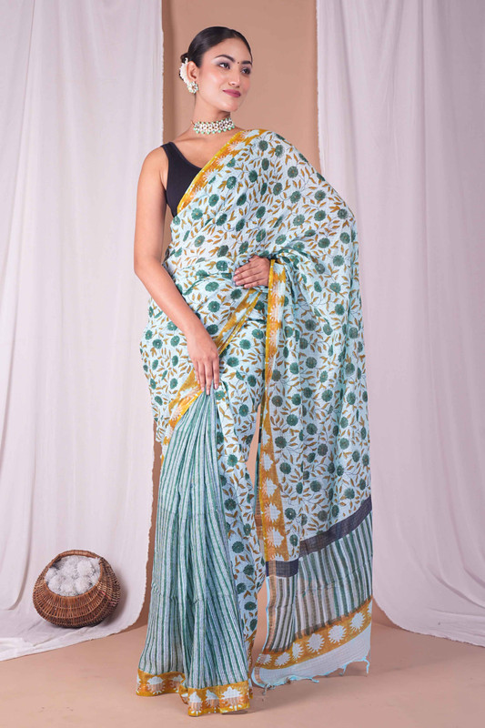 Bhagalpuri Kota Doria Mint Green Pigment (Hand Block) Ethnic Saree With Blouse