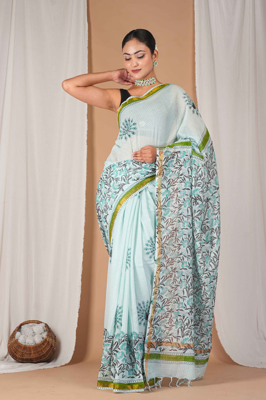 Bhagalpuri Kota Doria Mint Green Pigment (Hand Block) Ethnic Saree With Blouse
