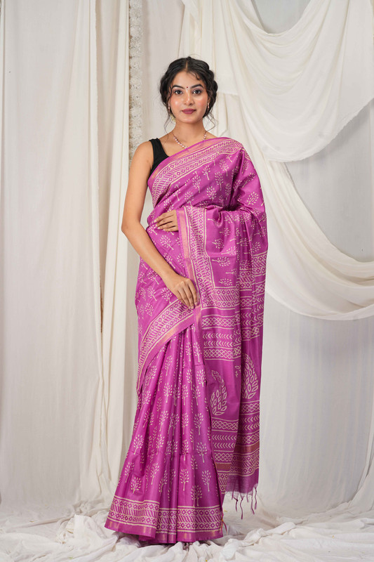Bhagalpuri Cotton Silk Purple Discharge (Hand Block) Ethnic Saree With Blouse