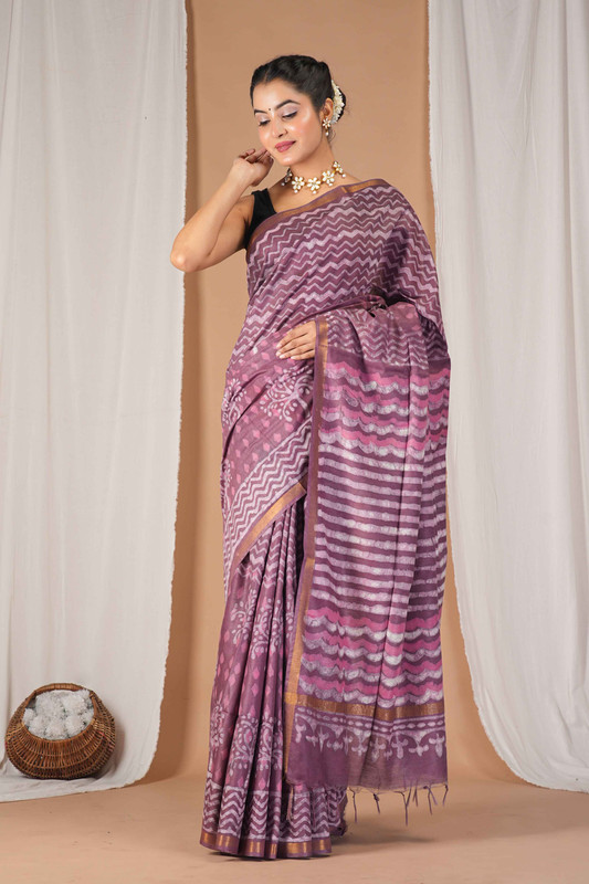 Bhagalpuri Cotton Silk Mauve Pink Dabu Print (Hand Block) Ethnic Saree With Blouse