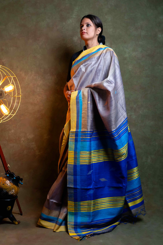 Desi Tussar Blue Ethnic Saree With Blouse