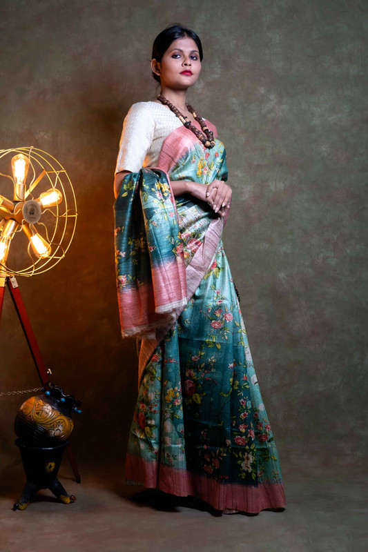 Ghicha Silk Printed Peacock Ethnic Saree With Blouse