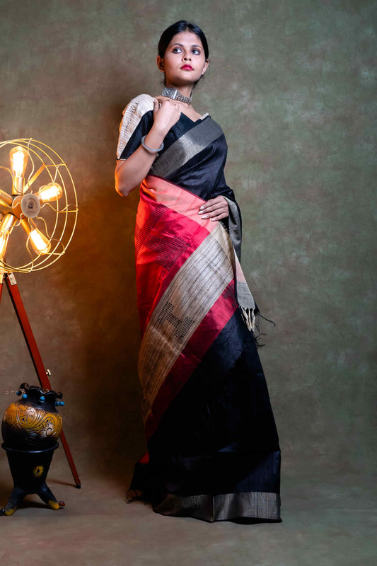 Raw Silk Black Ethnic Saree With Blouse
