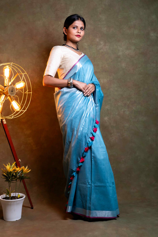 Khadi Cotton Firozi Ethnic Saree With Blouse