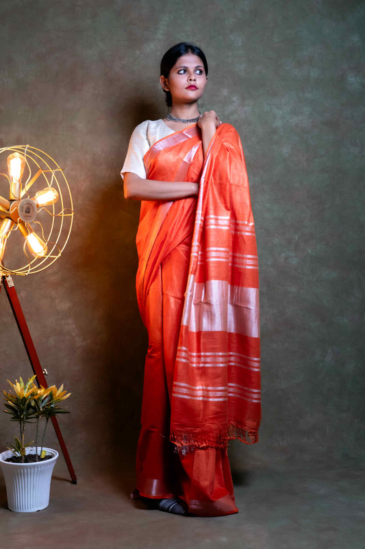 Khadi Cotton Orange Ethnic Saree With Blouse